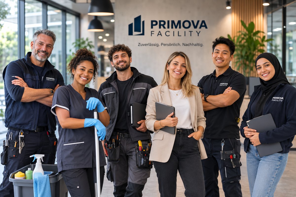 Das Team von primova-facility im Eingangsbereich des Büros
